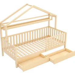 Lit enfant 90x200 cm - Lit Cabane avec 2 Tiroirs de Rangement, Sommier en Bois Inclus, Sans Matelas - Naturel><noscript><img width=
