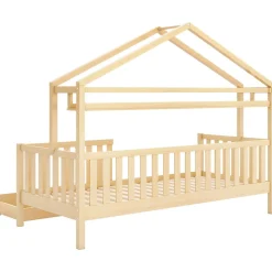 Lit enfant 90x200 cm - Lit Cabane avec 2 Tiroirs de Rangement, Sommier en Bois Inclus, Sans Matelas - Naturel><noscript><img width=