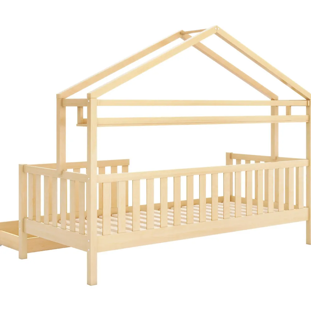 Lit enfant 90x200 cm - Lit Cabane avec 2 Tiroirs de Rangement, Sommier en Bois Inclus, Sans Matelas - Naturel>Okwish Hot