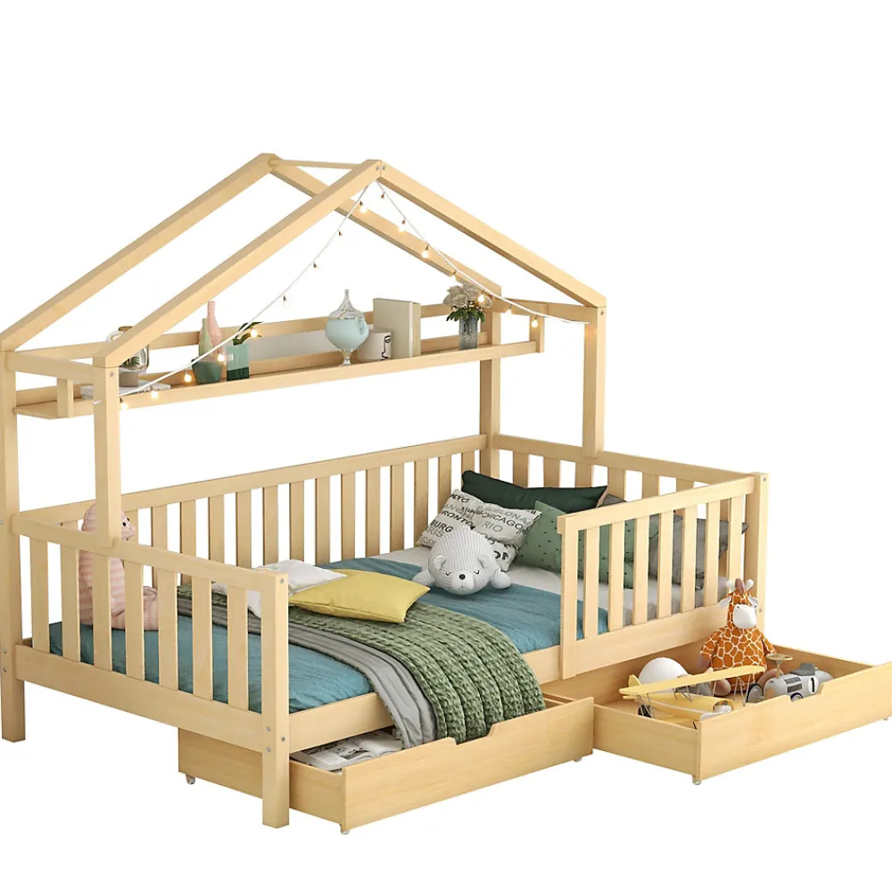 Lit enfant 90x200 cm - Lit Cabane avec 2 Tiroirs de Rangement, Sommier en Bois Inclus, Sans Matelas - Naturel>Okwish Hot