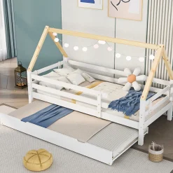Lit Enfant 90x200 cm - Lit Cabane avec Lit Gigogne à Roulettes - Bois Massif Naturel - Sans Matelas>Okwish Clearance