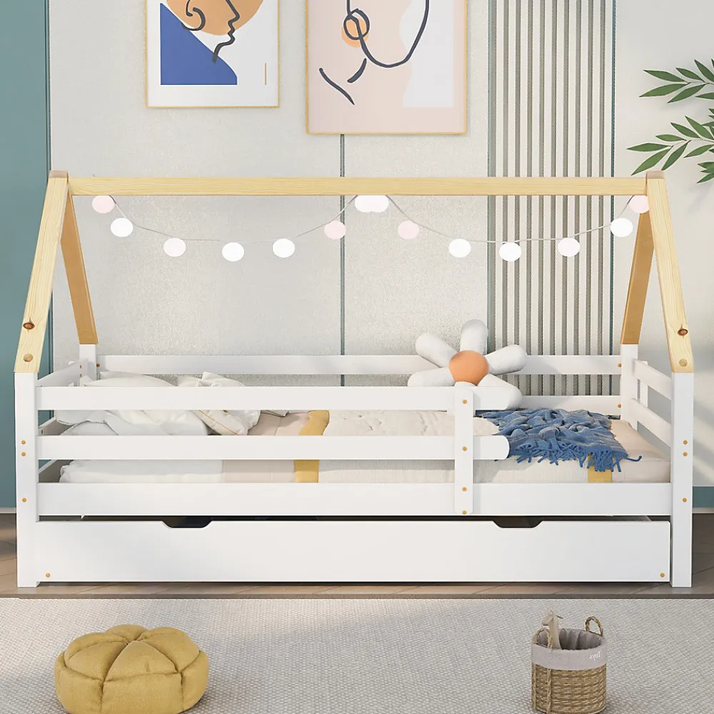Lit Enfant 90x200 cm - Lit Cabane avec Lit Gigogne à Roulettes - Bois Massif Naturel - Sans Matelas>Okwish Clearance