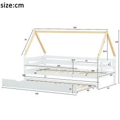 Lit Enfant 90x200 cm - Lit Cabane avec Lit Gigogne à Roulettes - Bois Massif Naturel - Sans Matelas><noscript><img width=