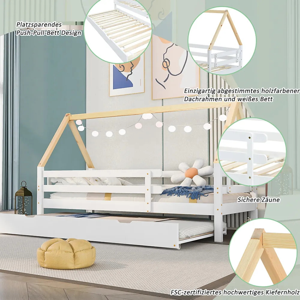 Lit Enfant 90x200 cm - Lit Cabane avec Lit Gigogne à Roulettes - Bois Massif Naturel - Sans Matelas>Okwish Clearance