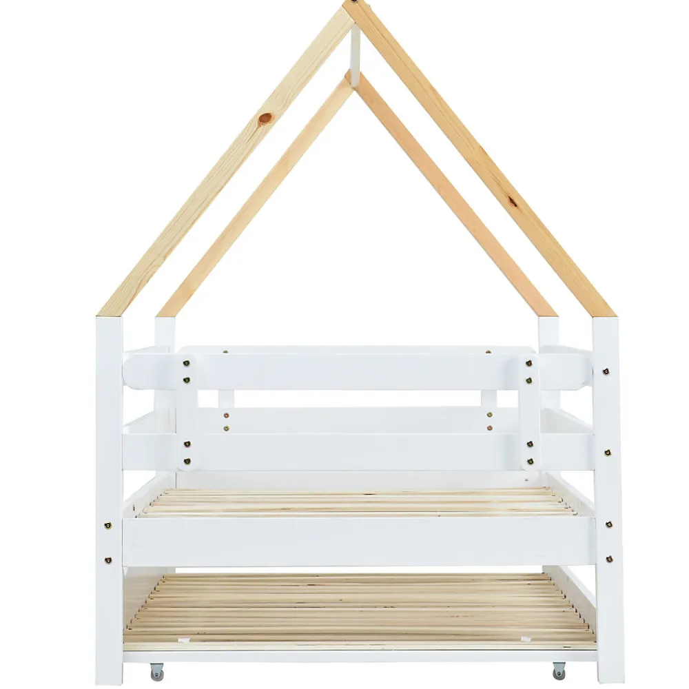 Lit Enfant 90x200 cm - Lit Cabane avec Lit Gigogne à Roulettes - Bois Massif Naturel - Sans Matelas>Okwish Clearance