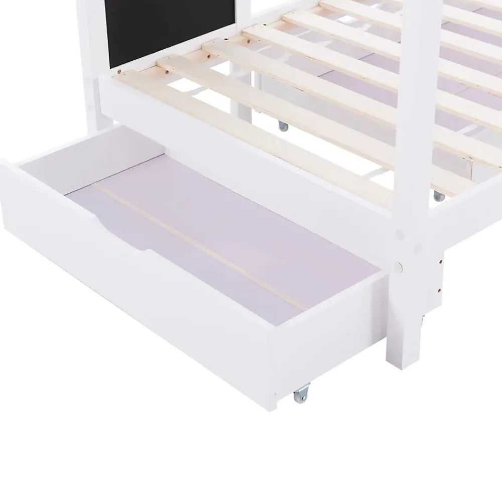 Okwish Lit enfant 90x200 cm - Lit Cabane avec Tableau et 2 Tiroirs, Rangement Pratique, Bois Massif et MDF, Sans Matelas - Blanc*Enfant Lit Enfant