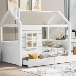 Generique Lit enfant 90x200 cm - Lit Cabane avec Barrières et Fenêtre, Bois Massif - Sommier À Lattes - Sans Matelas - Blanc*Enfant Lit Enfant