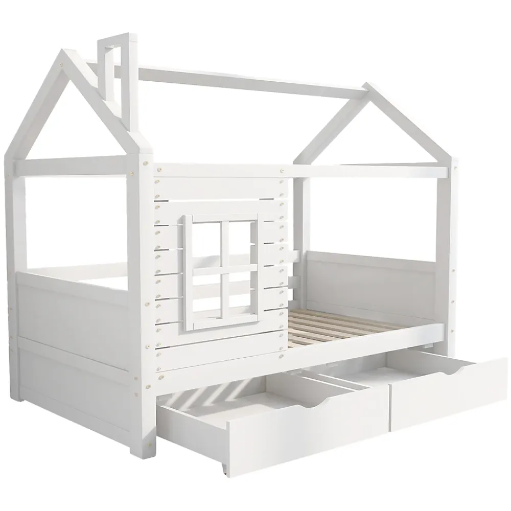 Generique Lit enfant 90x200 cm - Lit Cabane avec Barrières et Fenêtre, Bois Massif - Sommier À Lattes - Sans Matelas - Blanc*Enfant Lit Enfant