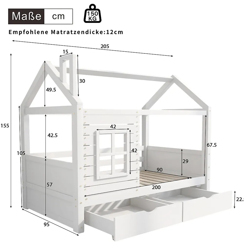 Generique Lit enfant 90x200 cm - Lit Cabane avec Barrières et Fenêtre, Bois Massif - Sommier À Lattes - Sans Matelas - Blanc*Enfant Lit Enfant