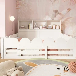 Lit Enfant 140x200 cm - Lit Double avec Barrières de Sécurité, Porte d'Accès et Étagères Intégrées, en Bois - sans Matelas - Blanc>Okwish Sale