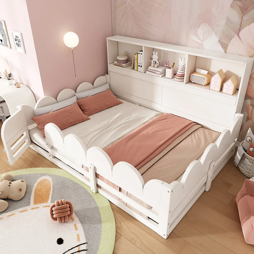 Lit Enfant 140x200 cm - Lit Double avec Barrières de Sécurité, Porte d'Accès et Étagères Intégrées, en Bois - sans Matelas - Blanc>Okwish Sale