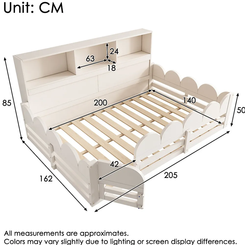 Lit Enfant 140x200 cm - Lit Double avec Barrières de Sécurité, Porte d'Accès et Étagères Intégrées, en Bois - sans Matelas - Blanc>Okwish Sale