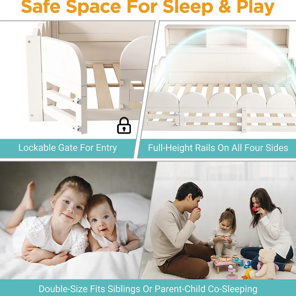 Lit Enfant 140x200 cm - Lit Double avec Barrières de Sécurité, Porte d'Accès et Étagères Intégrées, en Bois - sans Matelas - Blanc>Okwish Sale