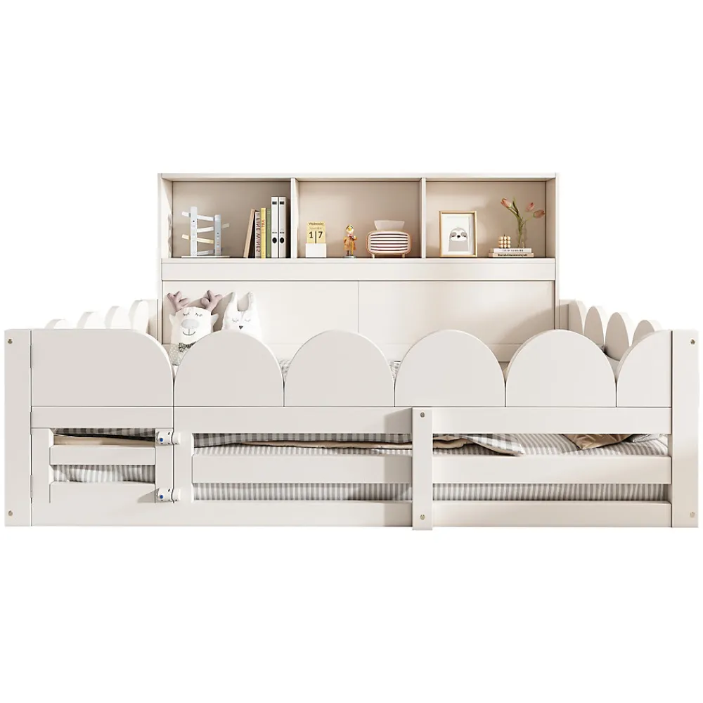 Lit Enfant 140x200 cm - Lit Double avec Barrières de Sécurité, Porte d'Accès et Étagères Intégrées, en Bois - sans Matelas - Blanc>Okwish Sale