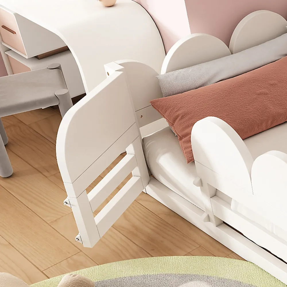 Lit Enfant 140x200 cm - Lit Double avec Barrières de Sécurité, Porte d'Accès et Étagères Intégrées, en Bois - sans Matelas - Blanc>Okwish Sale