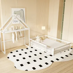 Lit enfant 140x200 cm - Lit Double Cabane avec Grille et Porte, Cadre en Bois Massif, Sans Matelas - Blanc><noscript><img data-lazyloaded=