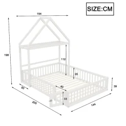 Lit enfant 140x200 cm - Lit Double Cabane avec Grille et Porte, Cadre en Bois Massif, Sans Matelas - Blanc><noscript><img data-lazyloaded=