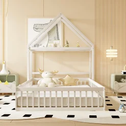 Lit enfant 140x200 cm - Lit Double Cabane avec Grille et Porte, Cadre en Bois Massif, Sans Matelas - Blanc><noscript><img data-lazyloaded=