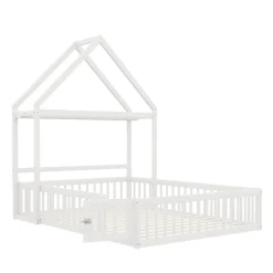 Lit enfant 140x200 cm - Lit Double Cabane avec Grille et Porte, Cadre en Bois Massif, Sans Matelas - Blanc><noscript><img data-lazyloaded=
