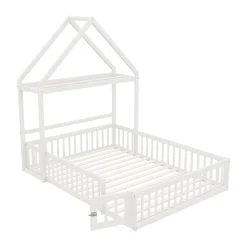 Lit enfant 140x200 cm - Lit Double Cabane avec Grille et Porte, Cadre en Bois Massif, Sans Matelas - Blanc><noscript><img data-lazyloaded=