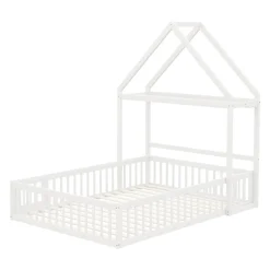 Lit enfant 140x200 cm - Lit Double Cabane avec Grille et Porte, Cadre en Bois Massif, Sans Matelas - Blanc><noscript><img data-lazyloaded=
