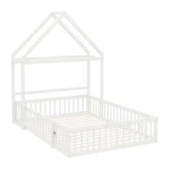 Lit enfant 140x200 cm - Lit Double Cabane avec Grille et Porte, Cadre en Bois Massif, Sans Matelas - Blanc><noscript><img data-lazyloaded=