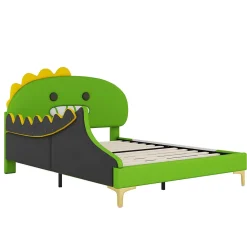 Okwish Lit enfant 140x200 cm - Lit Double Dinosaure avec Tête de Lit Décorative - PU et MDF - Vert - Sans Matelas* Lit Double