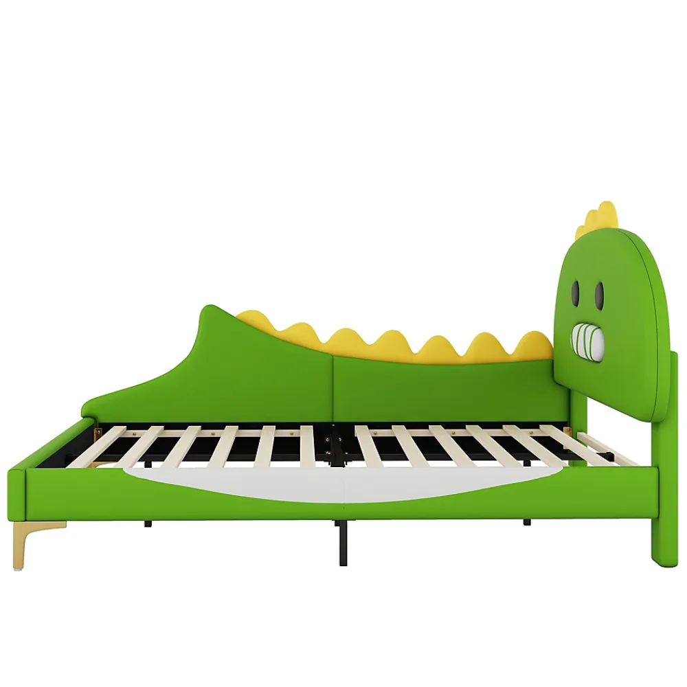 Okwish Lit enfant 140x200 cm - Lit Double Dinosaure avec Tête de Lit Décorative - PU et MDF - Vert - Sans Matelas* Lit Double
