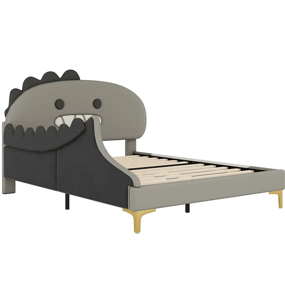 Okwish Lit enfant 140x200 cm - Lit Double Dinosaure avec Tête de Lit Décorative - PU et MDF - Gris - Sans Matelas* Lit Double