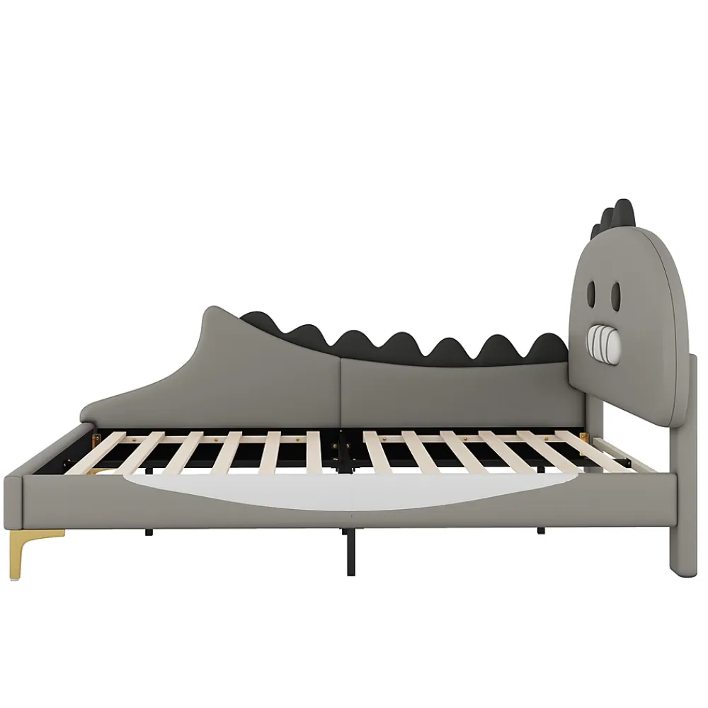 Okwish Lit enfant 140x200 cm - Lit Double Dinosaure avec Tête de Lit Décorative - PU et MDF - Gris - Sans Matelas* Lit Double