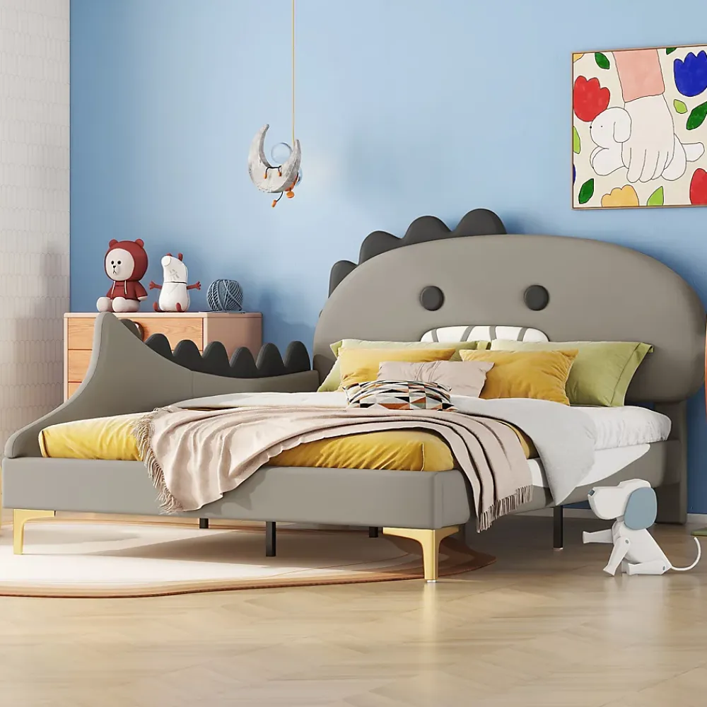 Okwish Lit enfant 140x200 cm - Lit Double Dinosaure avec Tête de Lit Décorative - PU et MDF - Gris - Sans Matelas* Lit Double