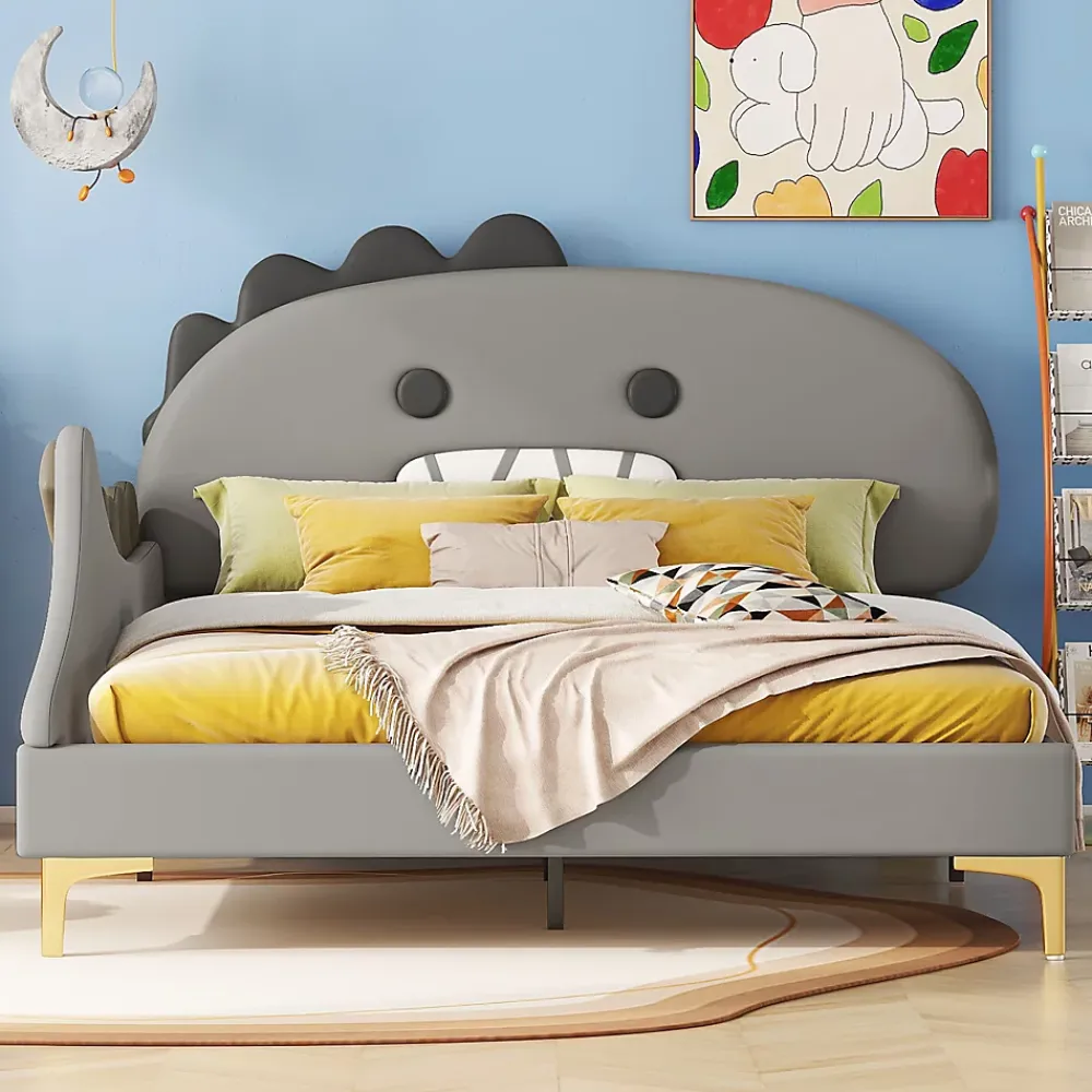 Okwish Lit enfant 140x200 cm - Lit Double Dinosaure avec Tête de Lit Décorative - PU et MDF - Gris - Sans Matelas* Lit Double