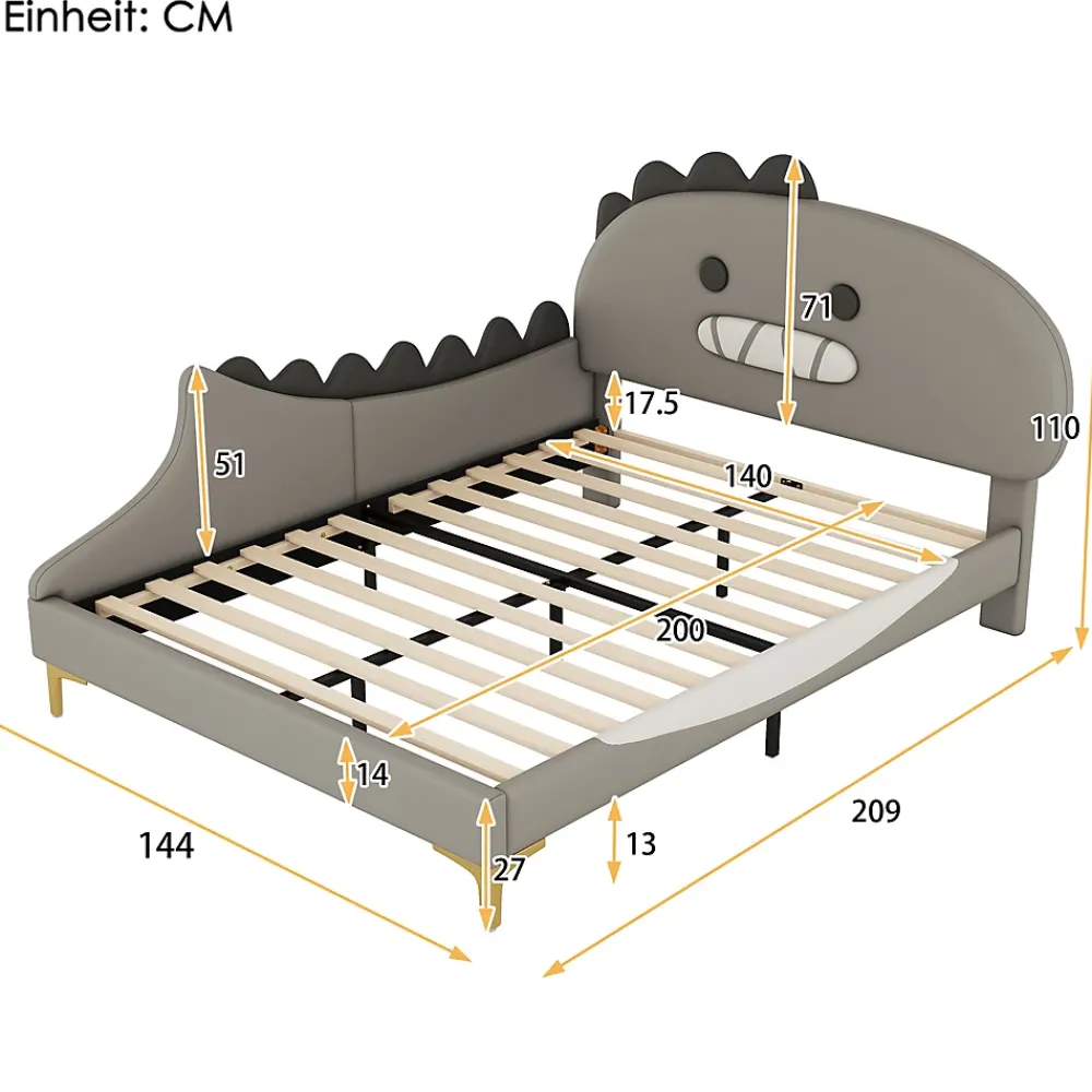 Okwish Lit enfant 140x200 cm - Lit Double Dinosaure avec Tête de Lit Décorative - PU et MDF - Gris - Sans Matelas* Lit Double