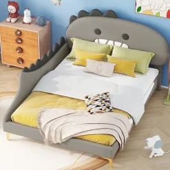 Okwish Lit enfant 140x200 cm - Lit Double Dinosaure avec Tête de Lit Décorative - PU et MDF - Gris - Sans Matelas* Lit Double