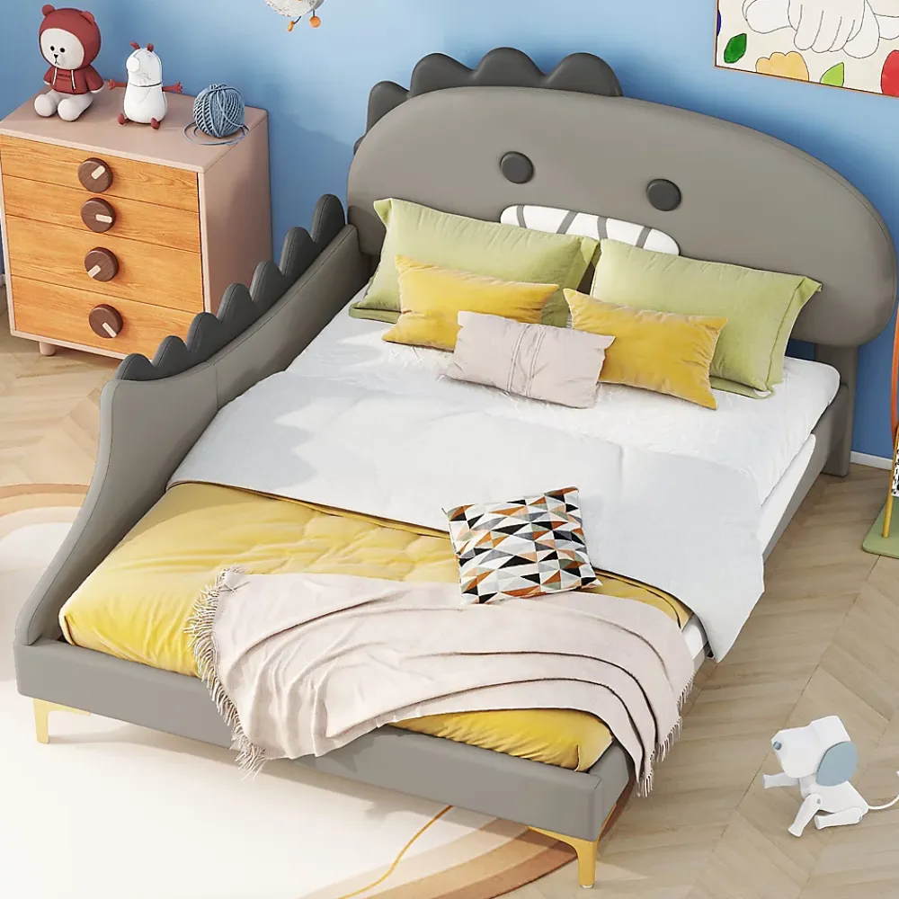 Okwish Lit enfant 140x200 cm - Lit Double Dinosaure avec Tête de Lit Décorative - PU et MDF - Gris - Sans Matelas* Lit Double
