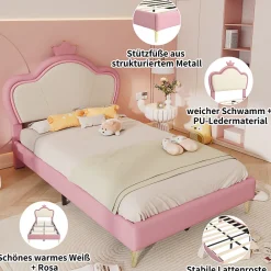 Lit enfant 90x200 cm - Lit Princesse Capitonné avec Tête Couronne, PU Rembourré, Sans Matelas - Rose et Blanc><noscript><img width=