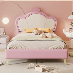 Lit enfant 90x200 cm - Lit Princesse Capitonné avec Tête Couronne, PU Rembourré, Sans Matelas - Rose et Blanc><noscript><img width=