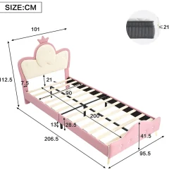 Okwish Lit enfant 90x200 cm - Lit Princesse Simple avec Bande LED Intégrée, Capitonné et Rembourré en PU, Rose et Blanc, Sans Matelas*Enfant Lit Enfant