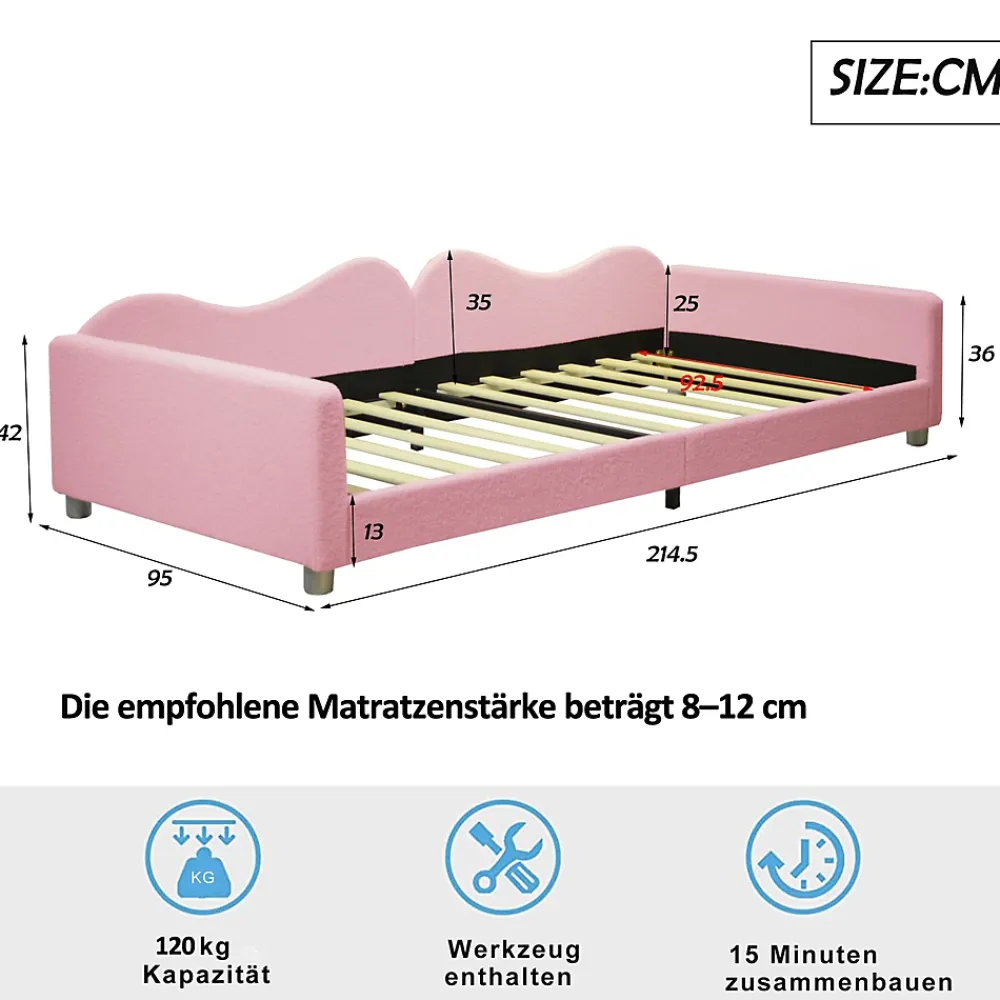 Okwish Lit enfant 90x200 cm - Lit rembourré avec cadre canapé-lit en peluche doux - MDF + Velours + Métal - Sans matelas - Rose*Enfant Lit Enfant