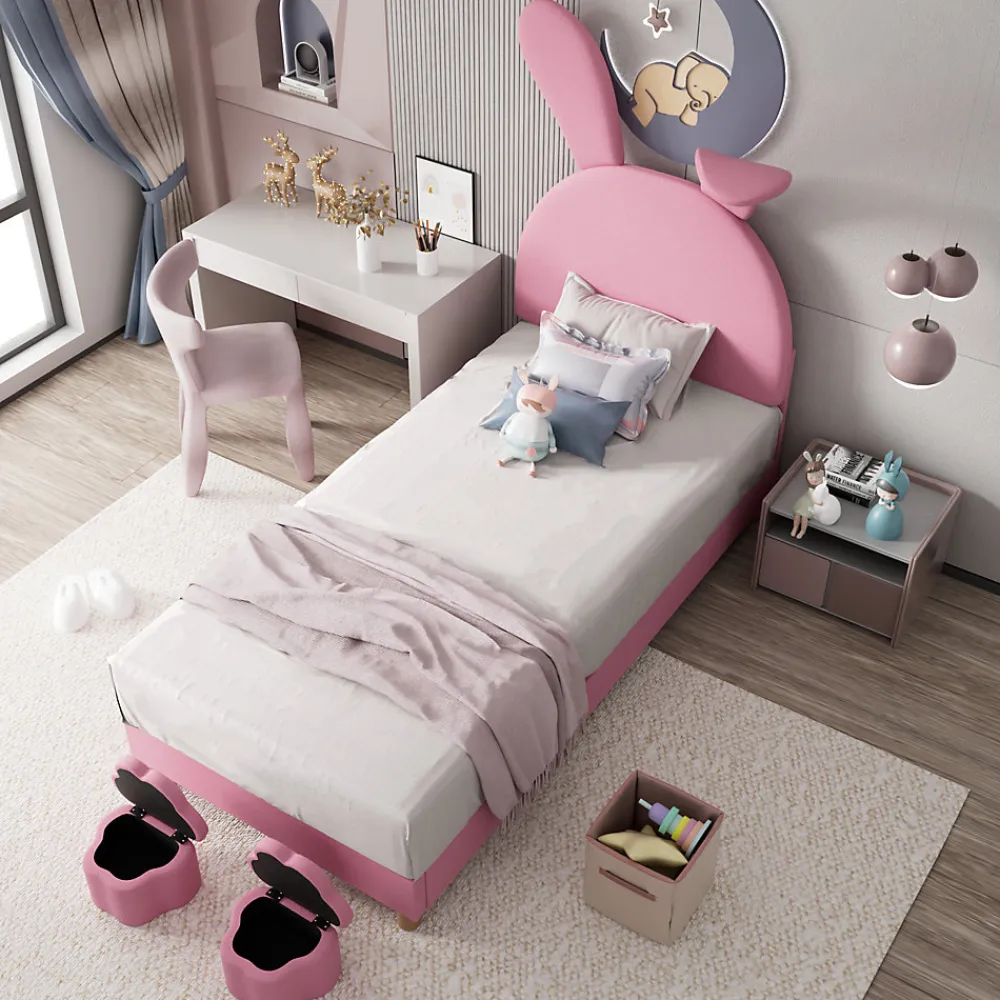 Lit enfant 90x200 cm - Lit simple capitonné jeunesse avec 2 tabourets de rangement et éclairage LED - Velours - Rose>Okwish Clearance