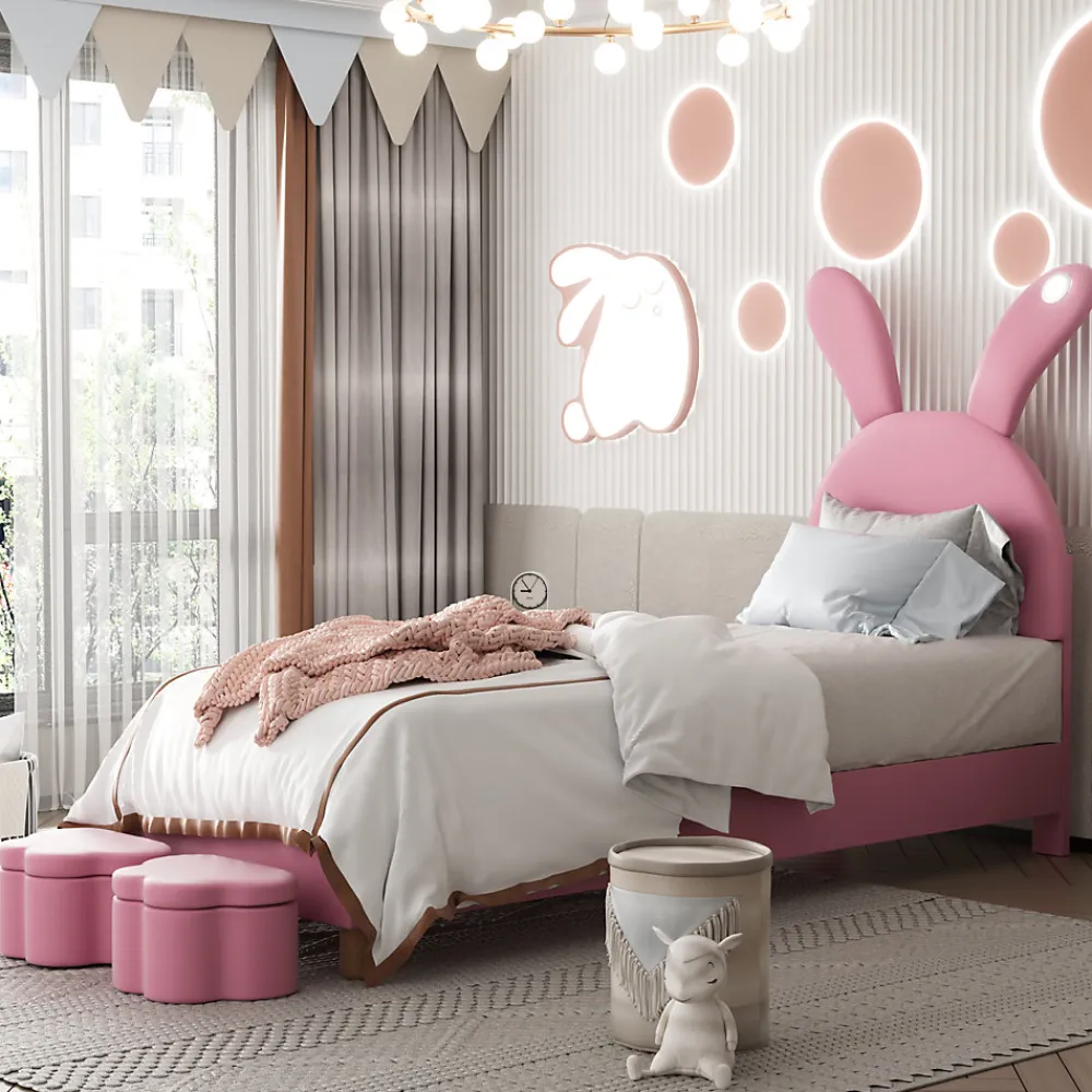 Lit enfant 90x200 cm - Lit simple capitonné jeunesse avec 2 tabourets de rangement et éclairage LED - Velours - Rose>Okwish Clearance