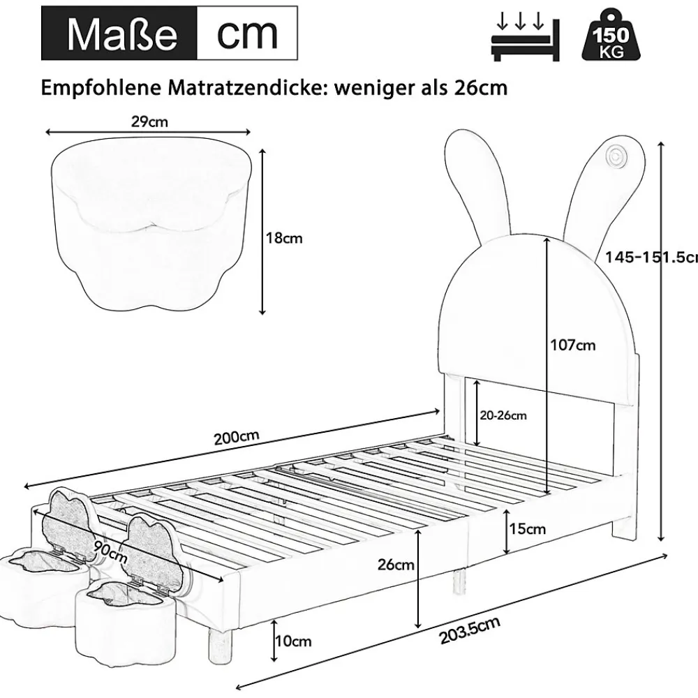 Lit enfant 90x200 cm - Lit simple capitonné jeunesse avec 2 tabourets de rangement et éclairage LED - Velours - Rose>Okwish Clearance