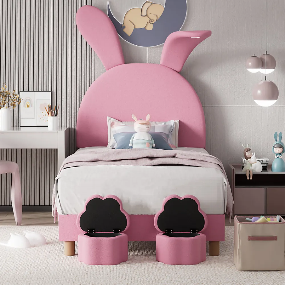 Lit enfant 90x200 cm - Lit simple capitonné jeunesse avec 2 tabourets de rangement et éclairage LED - Velours - Rose>Okwish Clearance