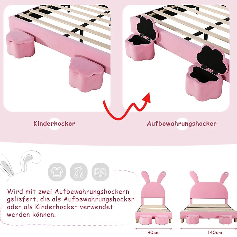 Lit enfant 90x200 cm - Lit simple capitonné jeunesse avec 2 tabourets de rangement et éclairage LED - Velours - Rose>Okwish Clearance