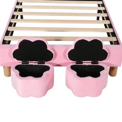 Lit enfant 90x200 cm - Lit simple capitonné jeunesse avec 2 tabourets de rangement et éclairage LED - Velours - Rose><noscript><img width=