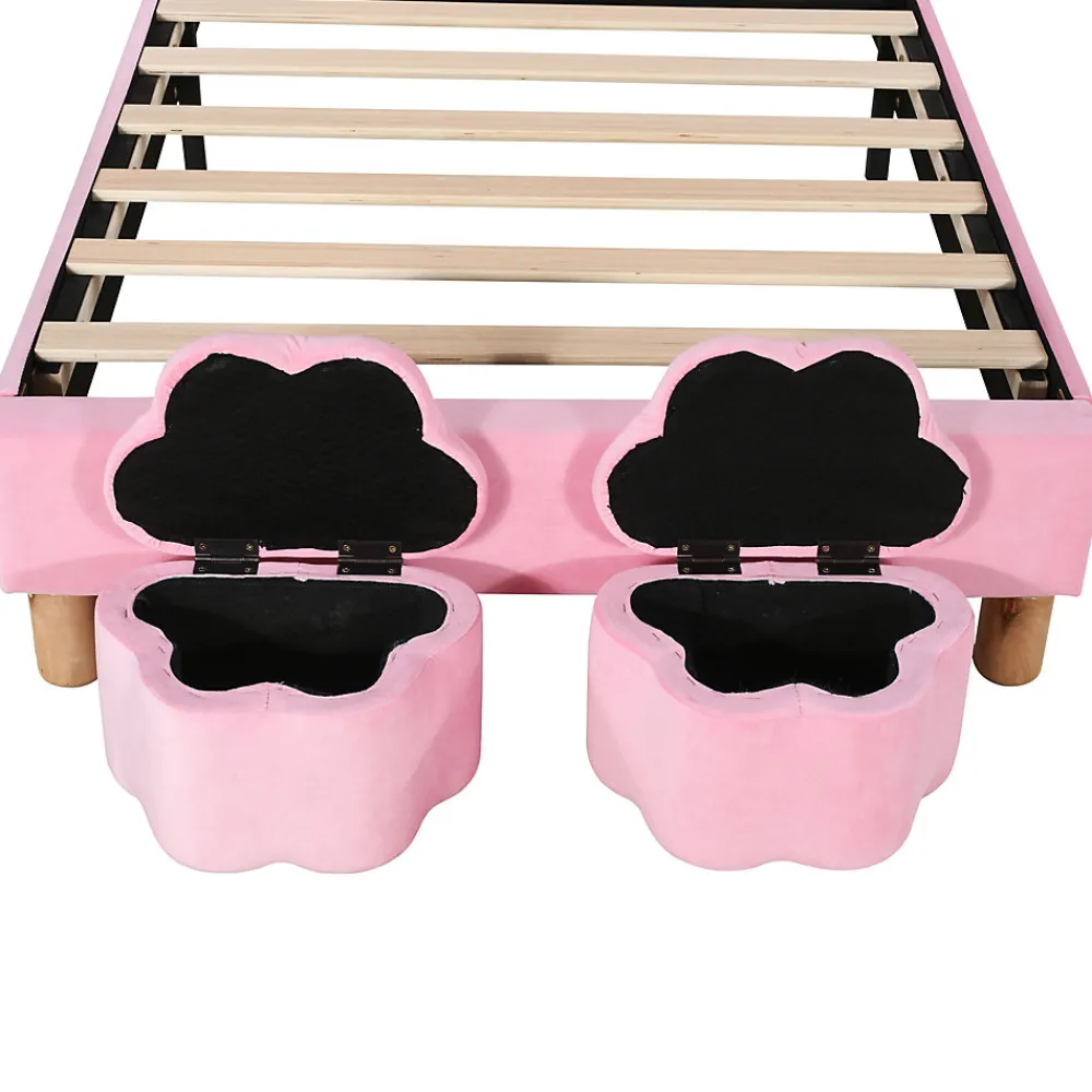 Lit enfant 90x200 cm - Lit simple capitonné jeunesse avec 2 tabourets de rangement et éclairage LED - Velours - Rose>Okwish Clearance