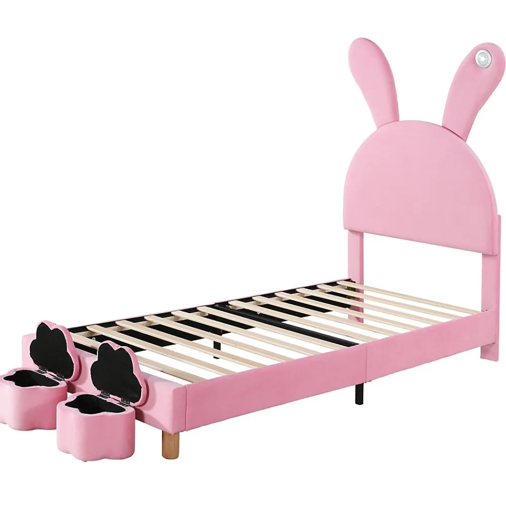 Lit enfant 90x200 cm - Lit simple capitonné jeunesse avec 2 tabourets de rangement et éclairage LED - Velours - Rose>Okwish Clearance