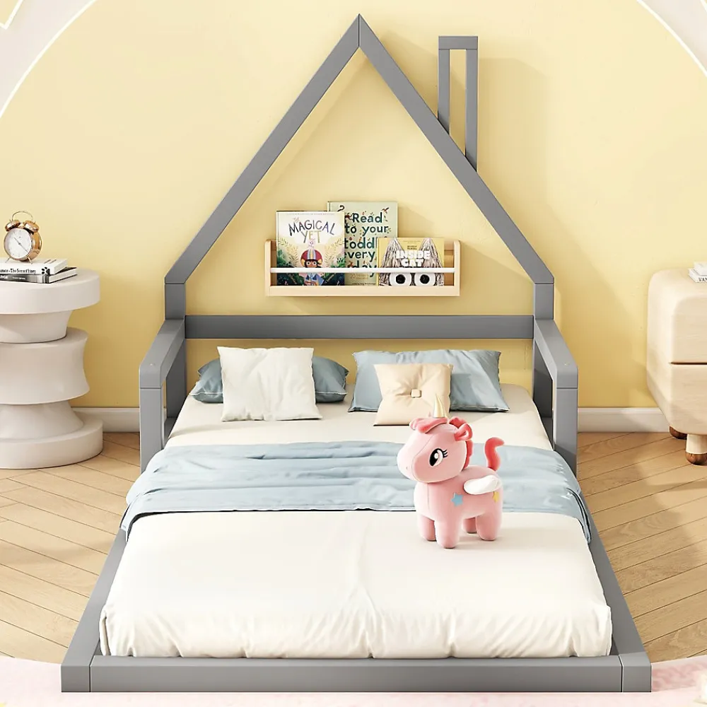 Lit enfant 90x200 cm - Lit Simple Cabane avec Structure en Pin Massif et MDF, design Classique et Solide, Sans Matelas, Gris>Okwish Sale