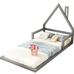 Lit enfant 90x200 cm - Lit Simple Cabane avec Structure en Pin Massif et MDF, design Classique et Solide, Sans Matelas, Gris><noscript><img width=