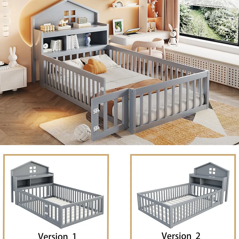 Lit enfant 90x200 cm - Lit simple avec rangement et cadre maison en bois massif avec protection contre chute - Sans matelas - Gris>Okwish Hot